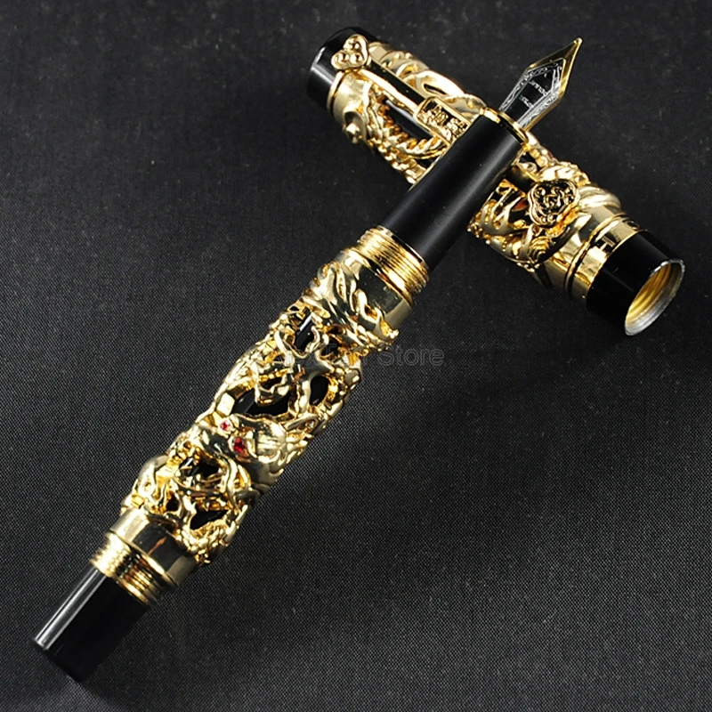 Jinhao Collection Dragon Phoenix Vintage Fountain Pen Metal Carving Embossing Heavy Pen Golden & Black For Office School