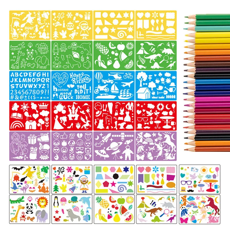 Kids Painting Pencil Stencil Set Colorful Pencil Drawing Board Rulers Drawing Template Art Tool Children Assist Education Aids