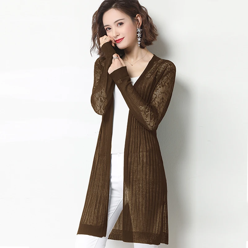 Women Hollow Out Knitwear Summer Spring Lady See Through Knit Cardigan Long Sleeve Thin Hollow Knit Outwear