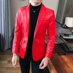 Jesień zima 2020 mężczyzn kombinezon skórzany koreański, Slim marynarka Masculino Slim Fit męskie stylowy blezer Chaquetas Hombre De Vestir