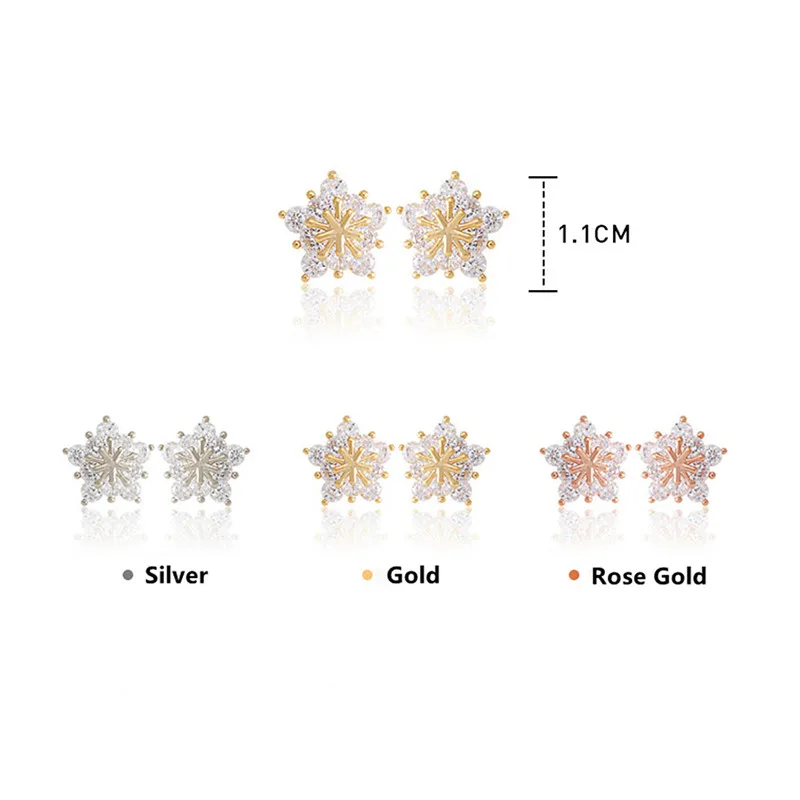 Orecchini a fiocco di neve invernali Huitan con zirconi cubici di cristallo abbagliante 3 colori in metallo orecchini delicati per gioielli di moda