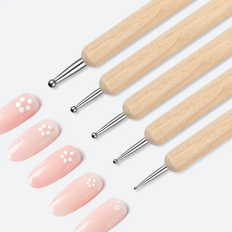 Nail Point Drill Pen Wooden Pen Bar Stirring Nail Polish Draw Five Petals Flower Polka Dot Double Head Stainless Bar Pen