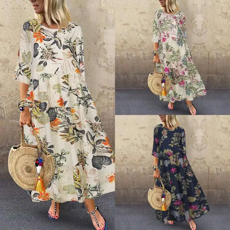 2023 ZANZEA Vintage Printed Maxi Dress Women\'s Sundress Autumn Half Sleeve Tunic Vestido Female Casual Floral Robe