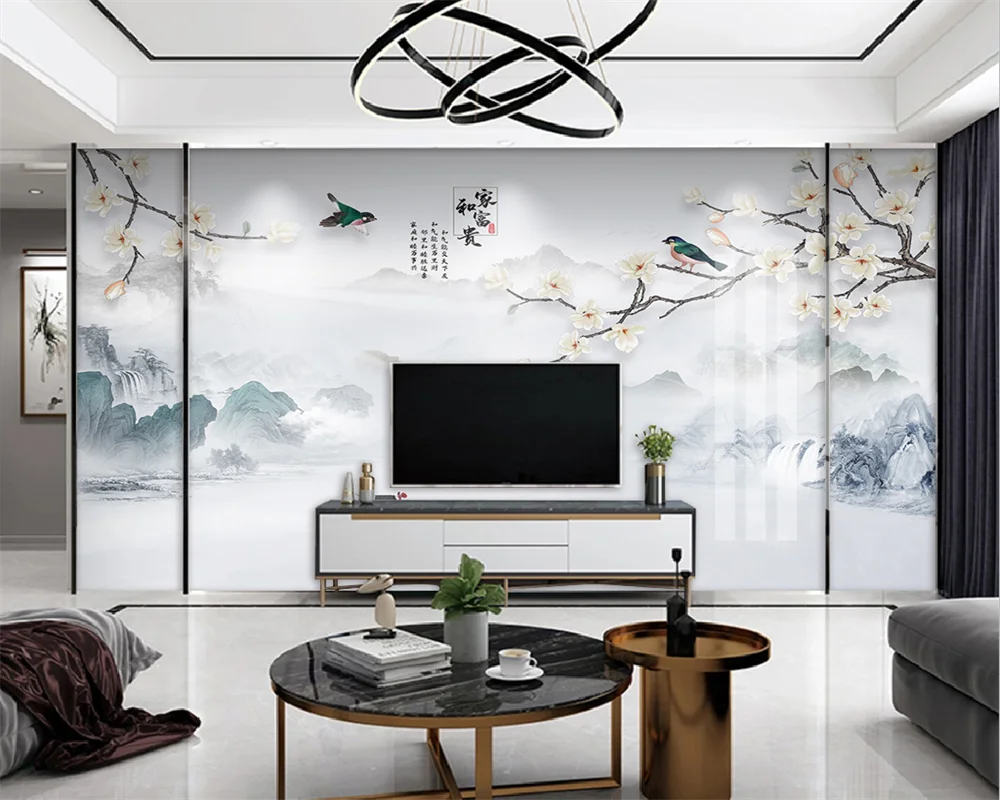 

beibehang Customized modern new Chinese papel de parede style hand-painted flower and bird landscape TV background wallpaper