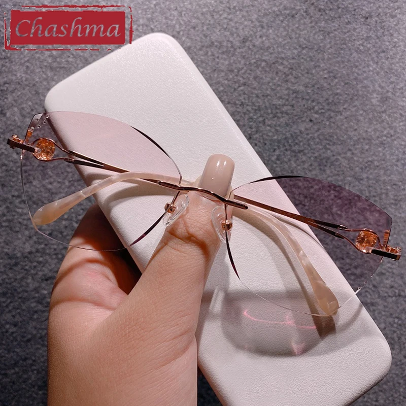 Chashma Rimless Light Frame Diamond Stones Trend Eyeglasses Titanium UV400 Protection Colored Sunglasses Spectacles for Women