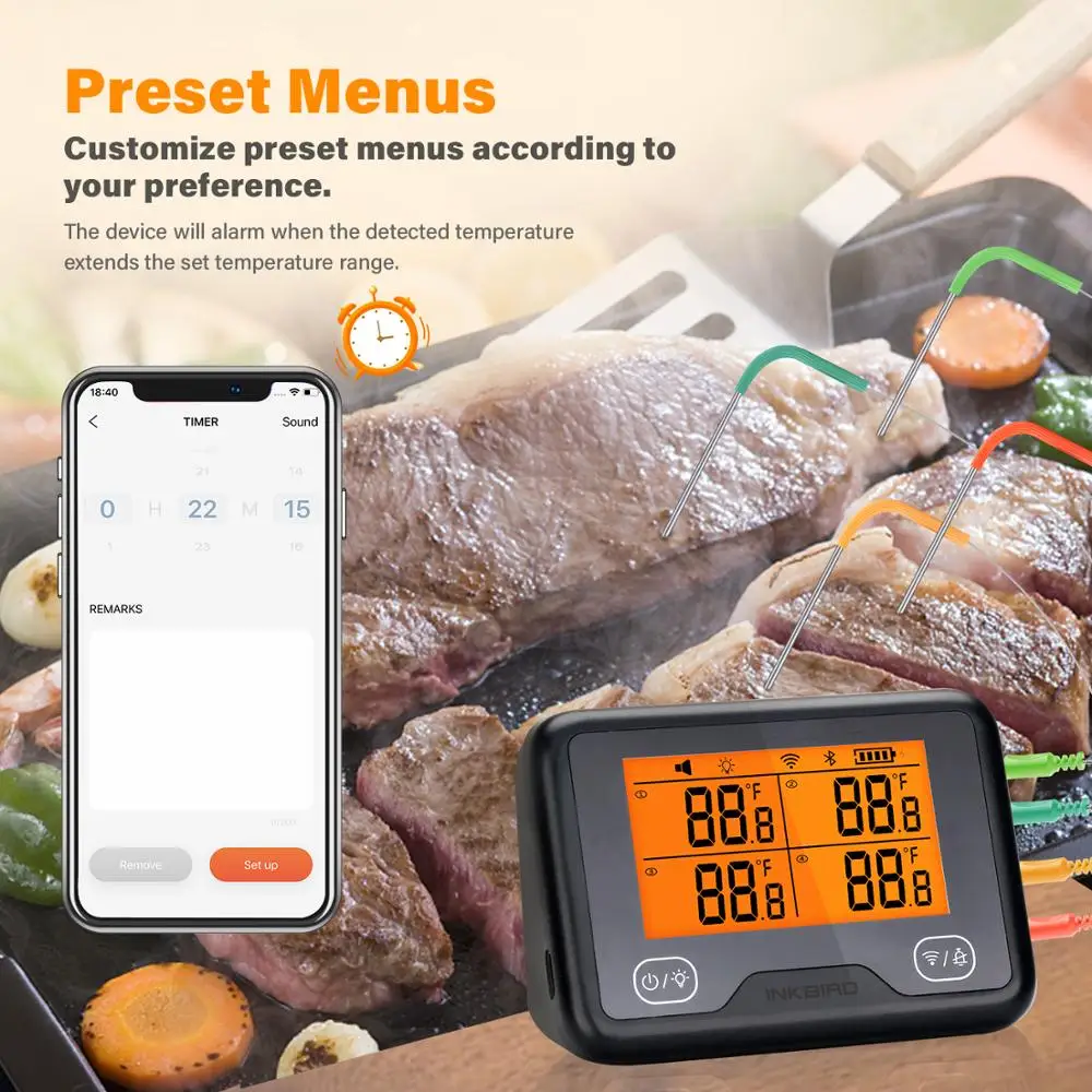 INKBIRD I BBQ-4BW termometro digitale Wi-Fi e Bluetooth Grill termometro Wireless ricaricabile per barbecue con 4 sonde con grafico