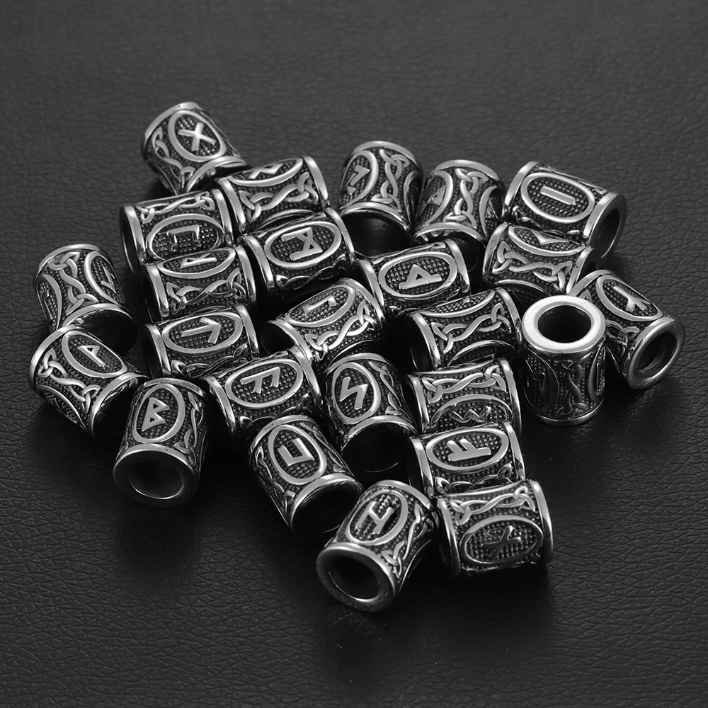 Stainless Steel Viking Rune Bead 8mm Large Hole Futhark Hair Beards Beads Bracelet Charm for DIY Jewelry Making Accessories