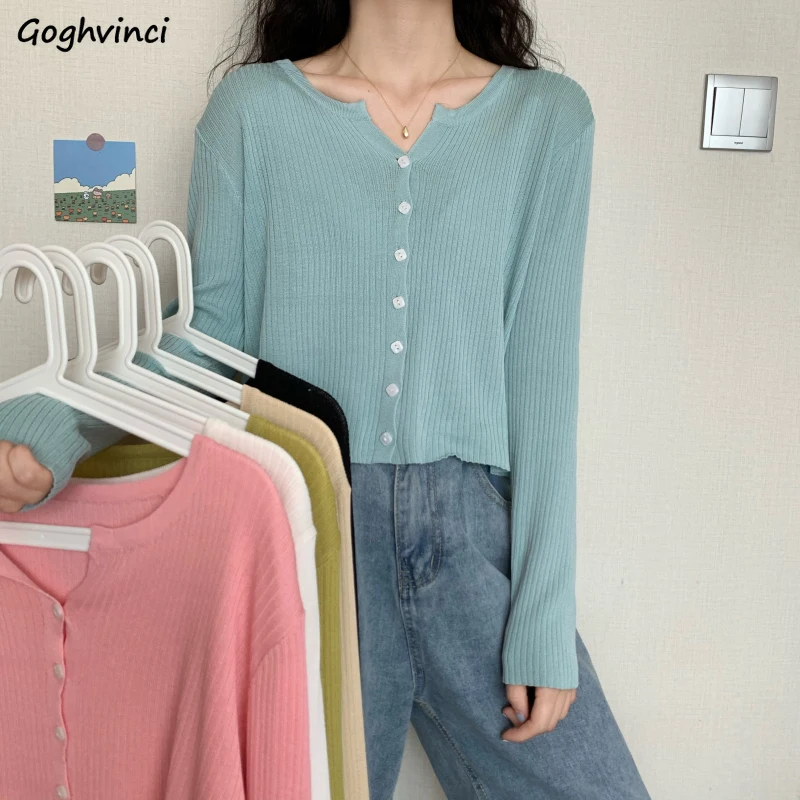 Slim Single Breasted Cardigans Women Tender Girls Long Sleeve Sunscreen Korean Style Knitted Cropped Sweaters Leisure Elasticity