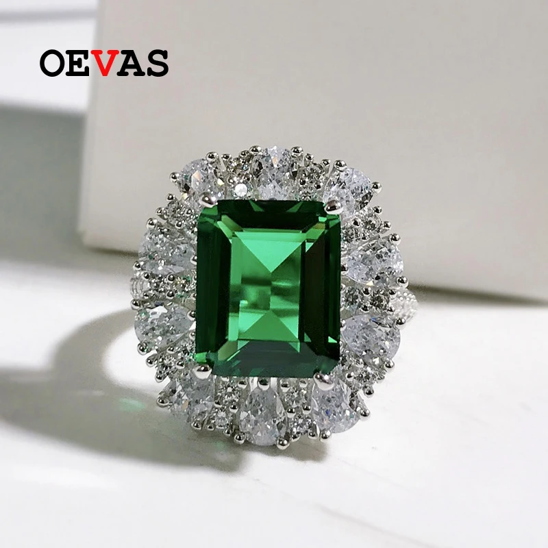 OEVAS 100% Srebro Próby 925 Pierścionki z Szmaragdem i Diamentami Wysokowęglowymi 9*11mm dla Kobiet, Błyszcząca Biżuteria Ślubna, Ekskluzywna Biżuteria Hurtowa