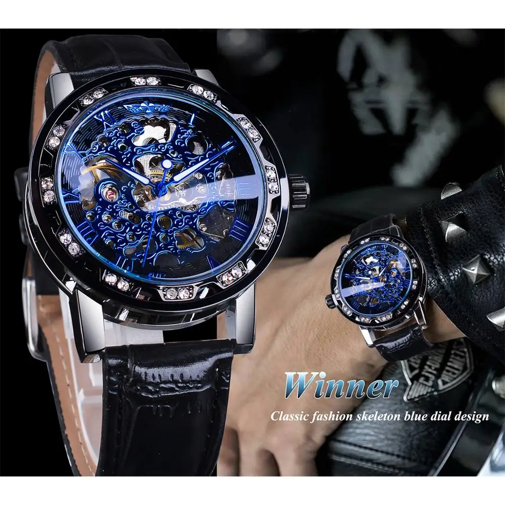 Winner Steampunk Diamond Luxury Display Luminous Hands Blue Dial Mens Mechanical Skelton Wrist Watch Top Brand Luxury Male Clock