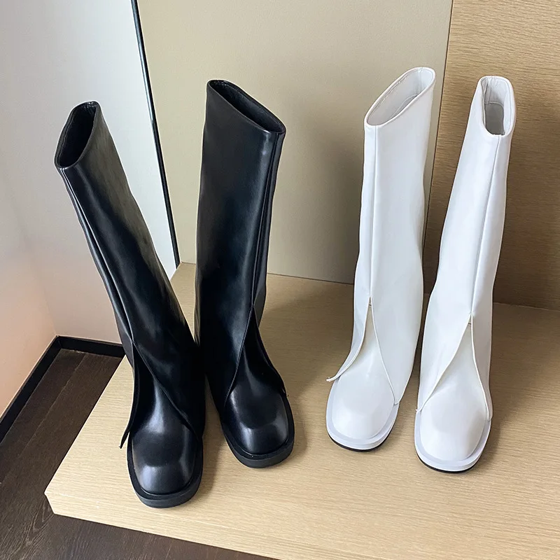 

Women Soft Leather Fashion Boots Platform Flats Knee High Boots Round Toe Ladies Boots Autumn Winter Black White