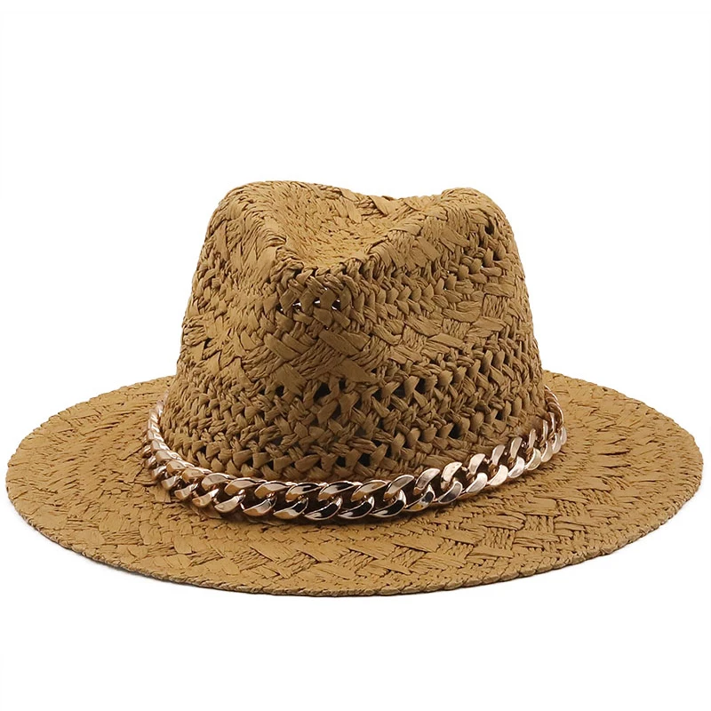 Summer hats wide brim khaki jazz caps women men casual classic band belt chain spring straw outdoor beach panama sun hats