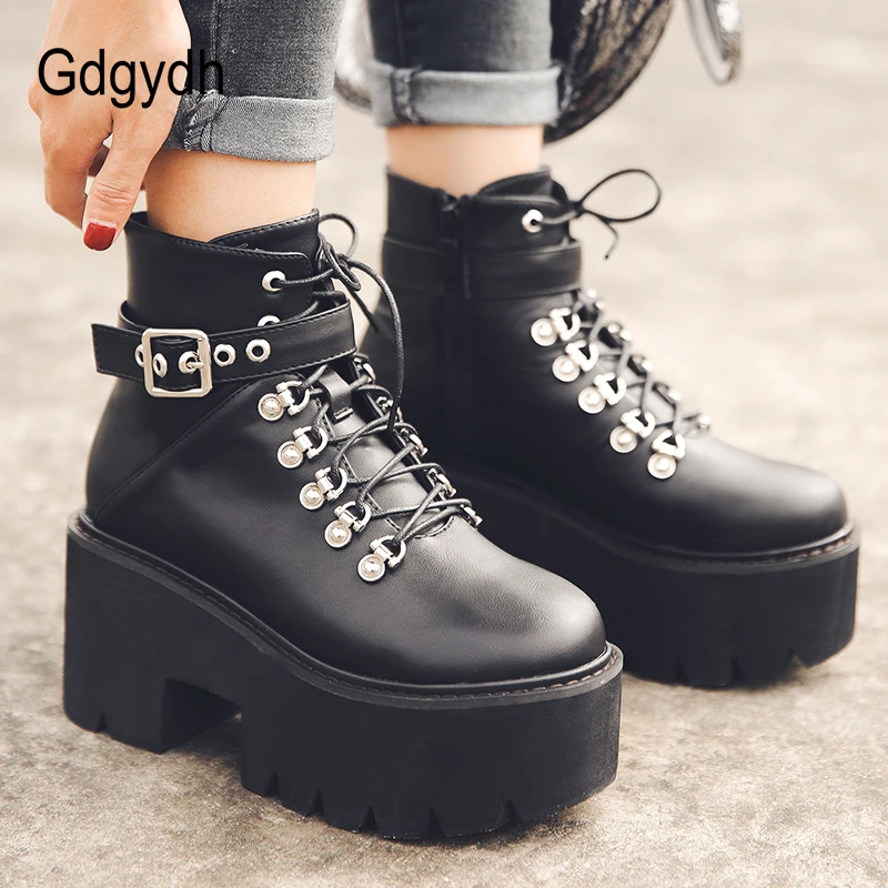 Gdgydh Autumn Winter Chunky Heel Platform Boots Lace-up Black Gothic Boots Women Plush Inside Comfortable Sexy Buckle Footwear