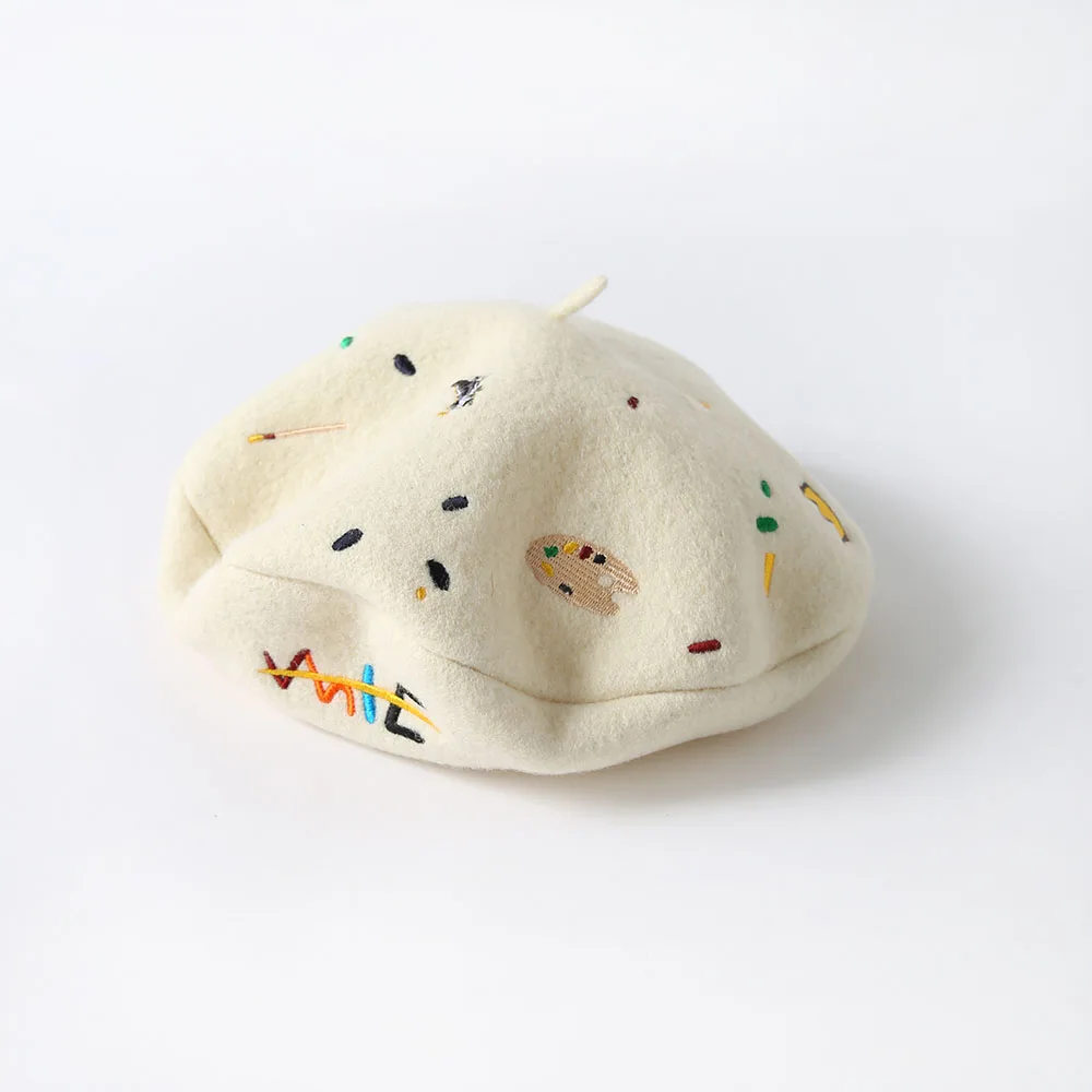 OMEA Woolen  Beret Women Japanese Cute Crown Cartoon Painter Hat Embroidery Colorful Dots Retro Beret Sweet Wool Cap Kawaii