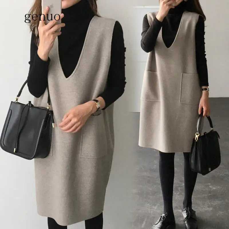 Woolen Vest Women\'s Autumn And Winter 2019 New Mid-length Loose-Fit Jumper Dress Base Dress Set Two-Piece Set