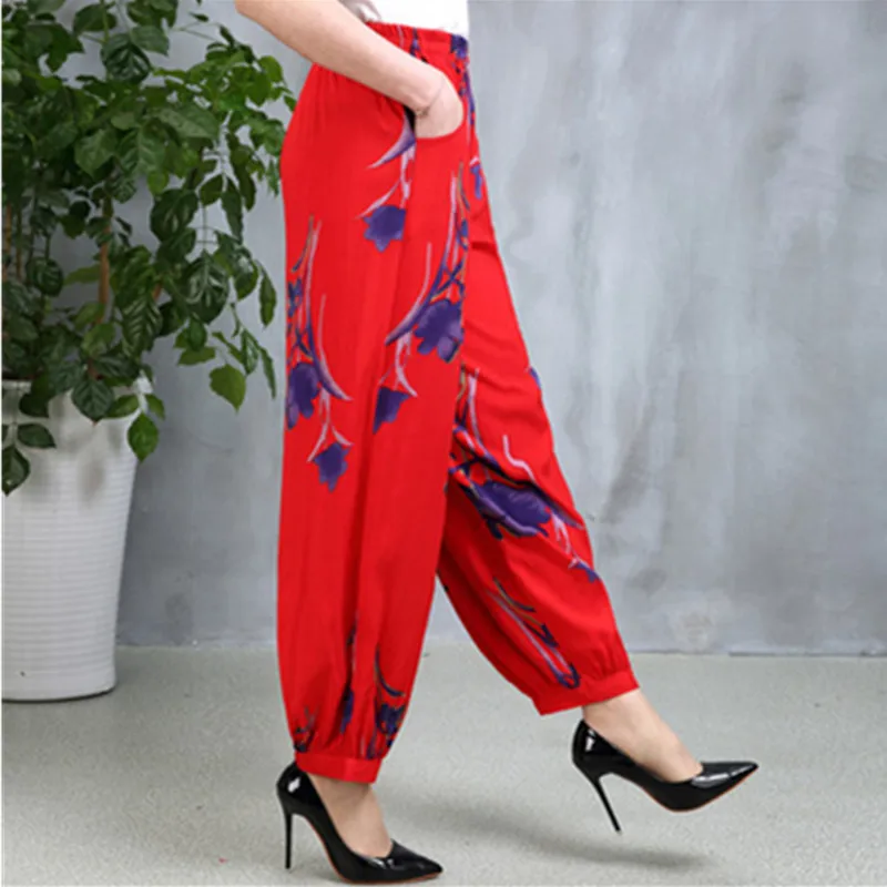 UHYTGF Trousers For Women 2022 Fashion Cotton Silk Printing Casual Spring Summer Pants Female Elegant 5XL Loose Size Pants 1615