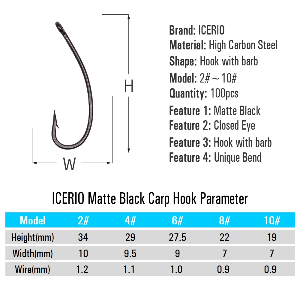 ICERIO 100pcs Long Shank Curved Kirbed Carp Fishing Hook Matt Black Turndown High Carbon Steel Barbed Rig Hooks