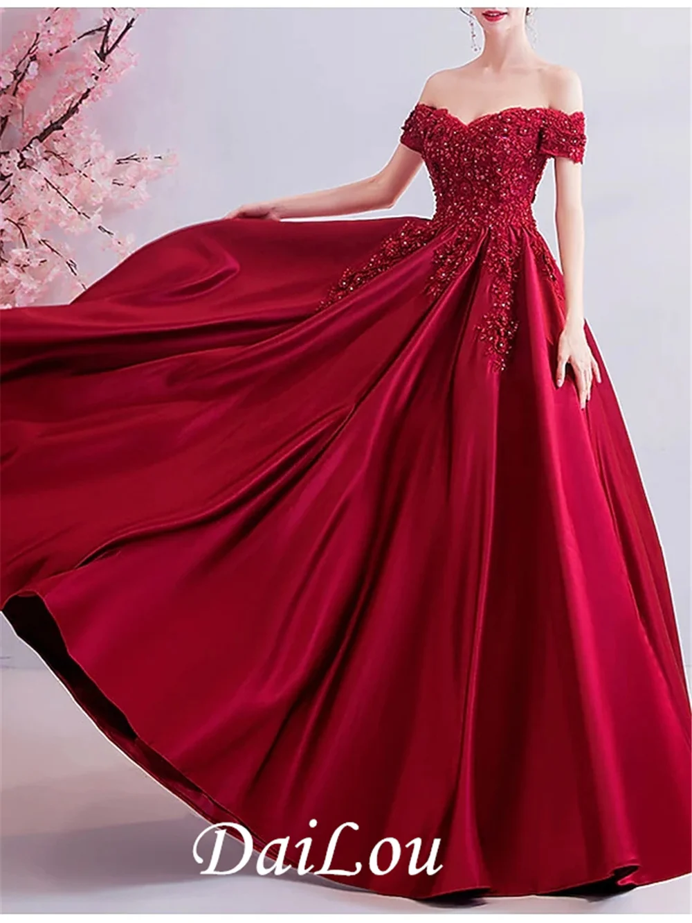 A-Line Sexy Engagement Formal Evening Dress Off Shoulder Short Sleeve Lace Satin with Pleats Beading 2022