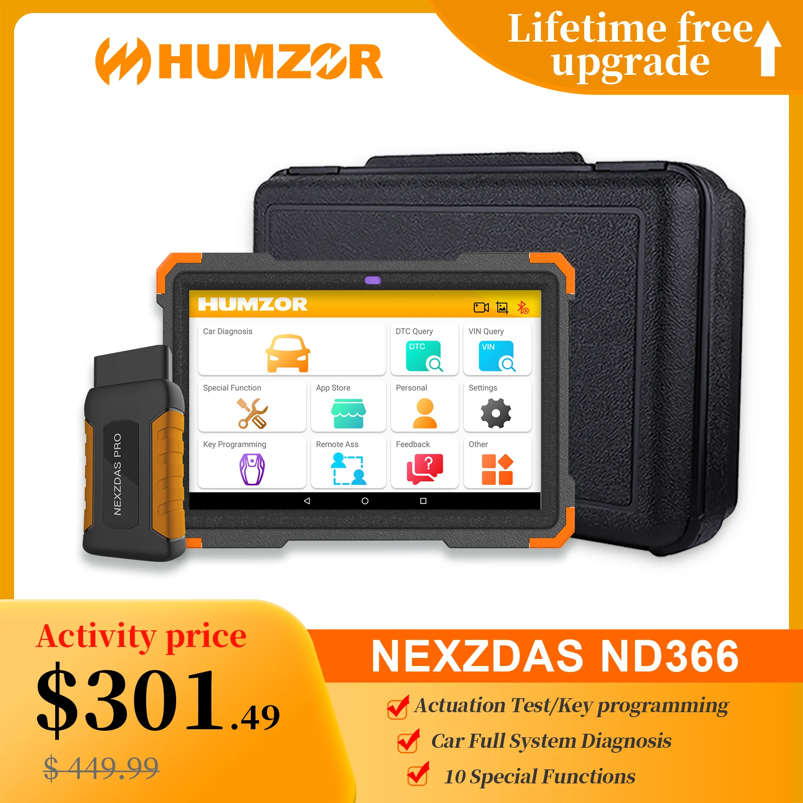 Humzor Professional Full System OBD2 Scanner Car Diagnostic Tool for ABS Airbag Oil EPB DPF Key Programming ND366 Elite