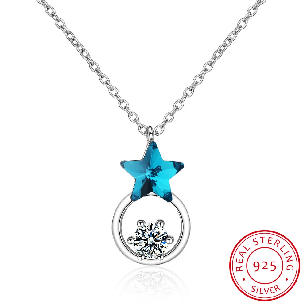 Simple Blue Star Single AAA Zirconia Pendant 925 Sterling Silver Necklace For Women Chain choker collier S-N348