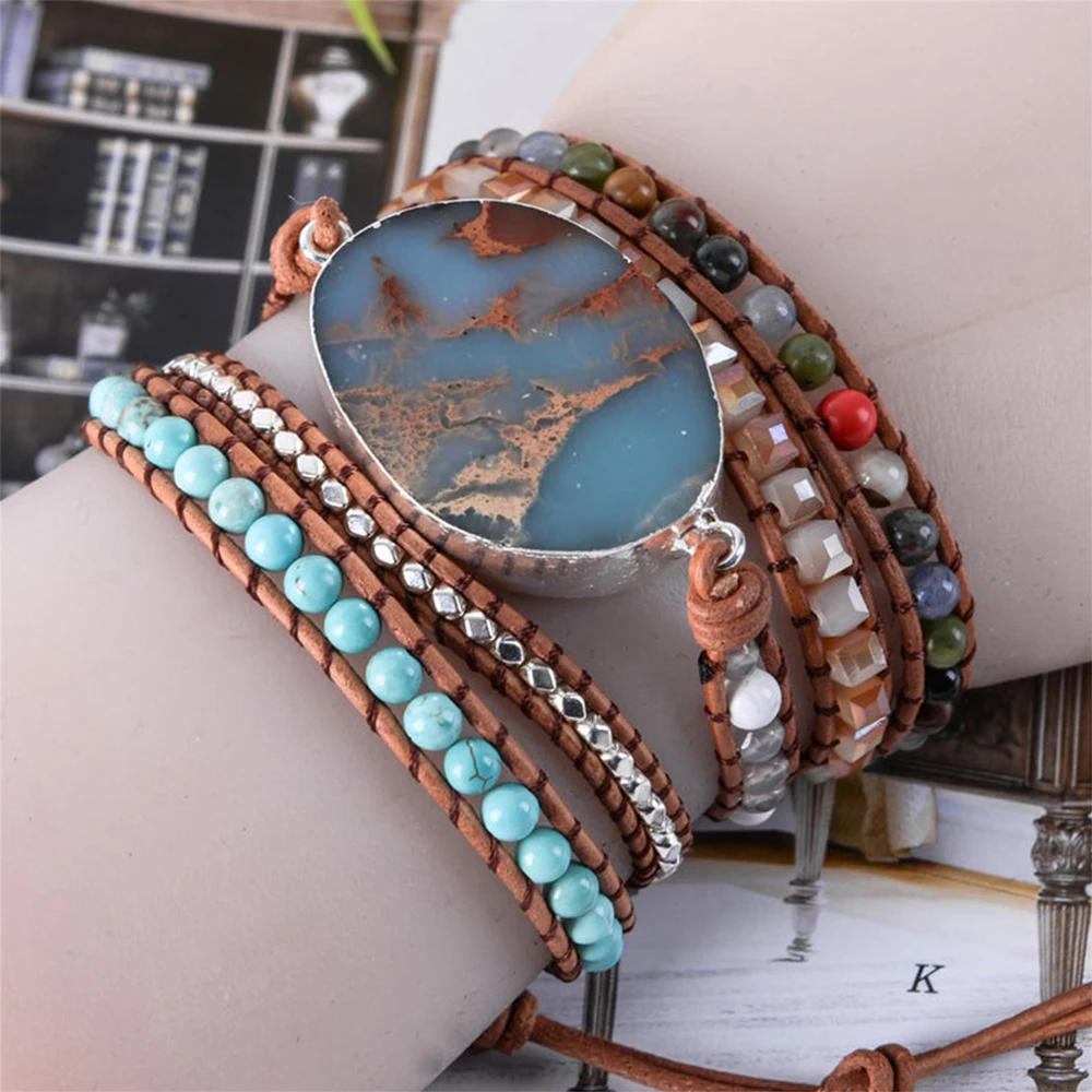 Agalmatolite Charm Wrap Bracelet for Women Crystal Beaded Bracelets 5Layers Beadwork Natural Stone Boho Mujer Bijoux Dropship