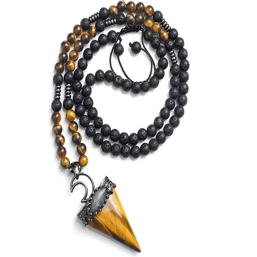 FYJS Unique Silver Plated Geometric Tiger Eye Stone Pendant Long Beads Chain Necklace Rock Crystal Jewelry