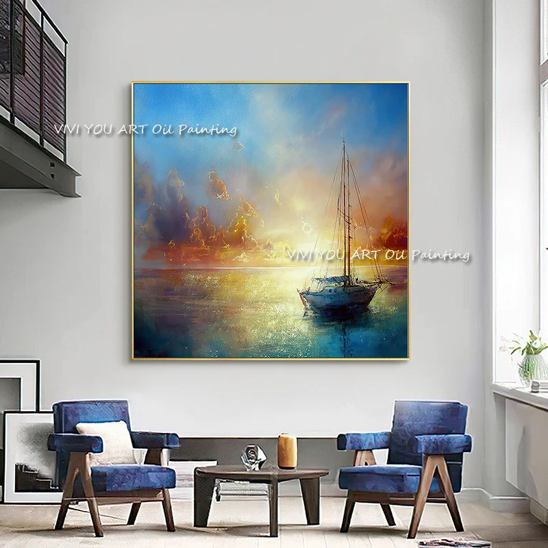 

The Fashion Handpainted Sunrise Nature Sky Original Canvas Painting Modern Artwork Pictures Thick Oil Wall Art Ship Sea View