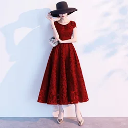 Burgundy Women Banquet A-Line Dresses Sweet Embroidery Flowers Mid-Length Skirt Bride Wedding Party Gown Vestidos De Festa 3XL