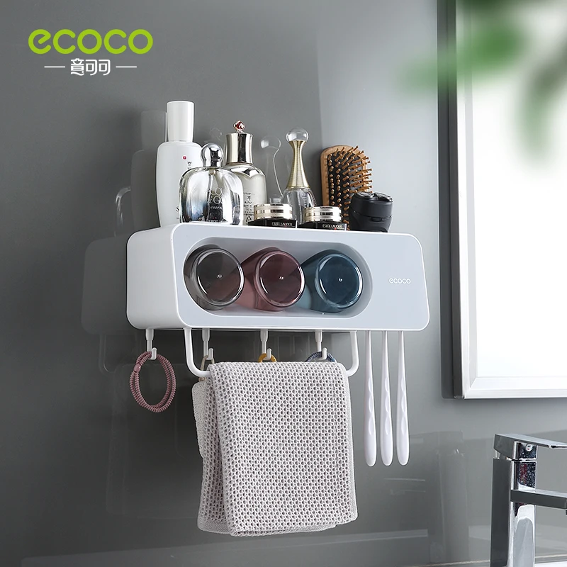 ECOCO Wall Mount Automatic Toothpaste Dispenser Bathroom Accessories Set Toothpaste Squeezer Dispenser  Toothbrush Holder Tool