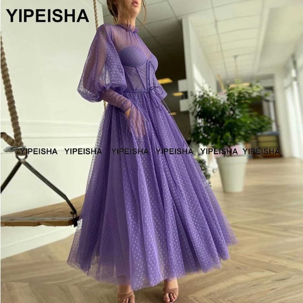 Yipeisha Hoge Hals Paars Prom Dresses Thee Lengte Bladerdeeg Mouwen A-lijn Party Dress Dot Tulle Homecoming Gown Robe De Cocktail