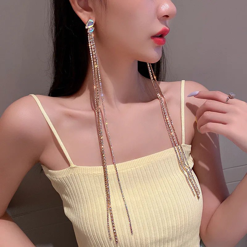 FYUAN Geometric Colorful Rhinestone Earrings for Women Oversize Long Tassel Crystal Dangle Earrings Statement Jewelry image 4