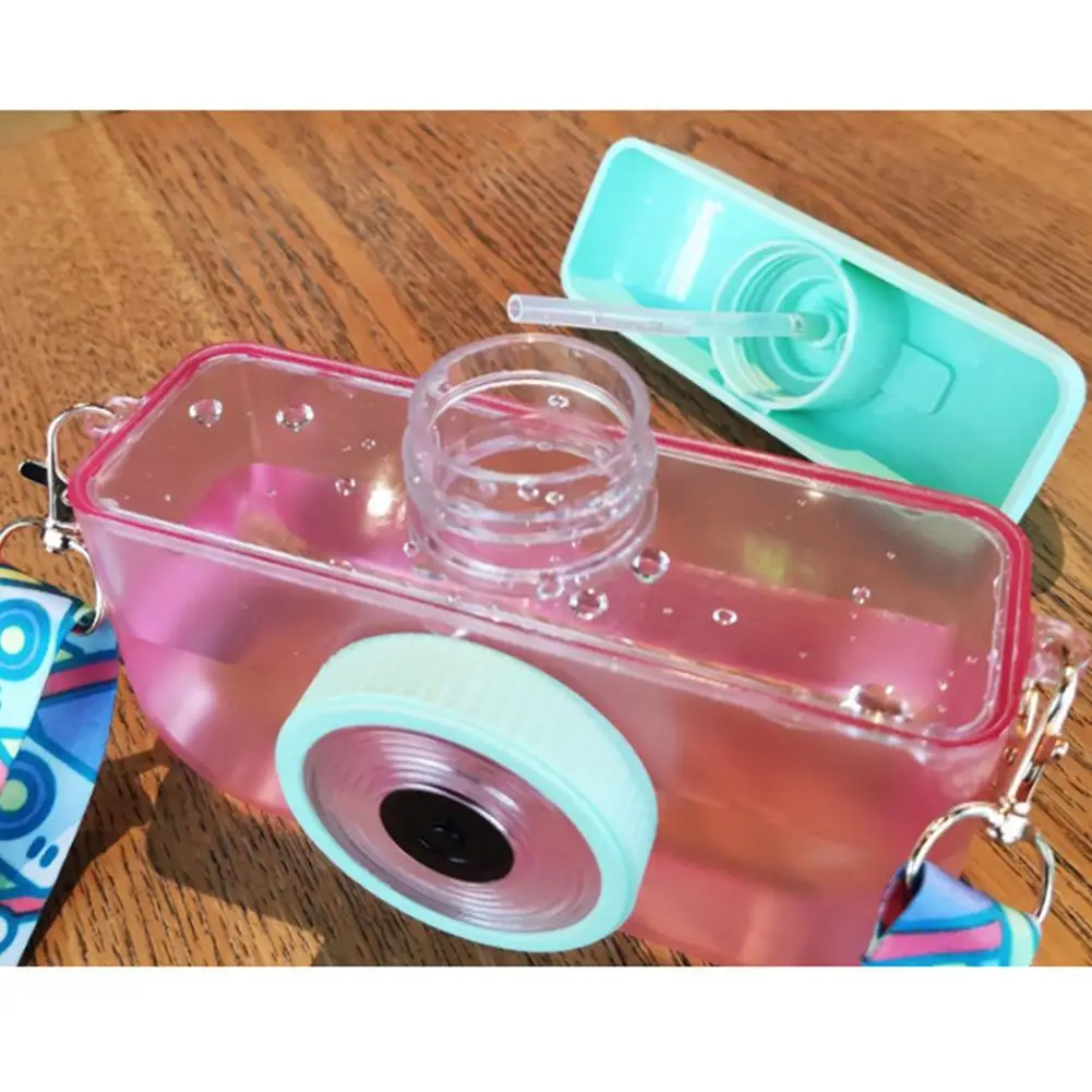 Camera-shaped Water Bottle With Adjustable Shoulder Strap Cup Creative Gift Pink Diagonal Water Glass Student Drinking Straw Cup