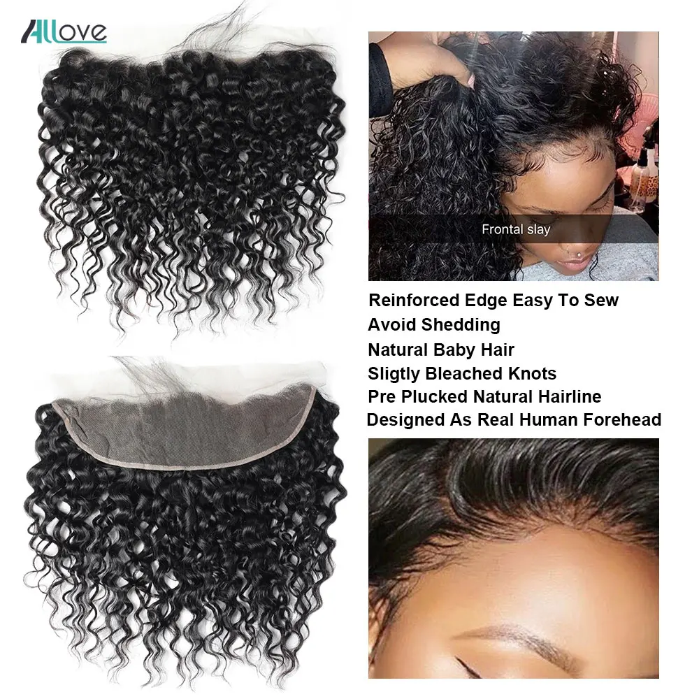 Allove-extensiones de pelo brasileñas con ondas al agua, accesorio de cabello humano con cierre Frontal de malla, prearrancado, 13x4, Remy