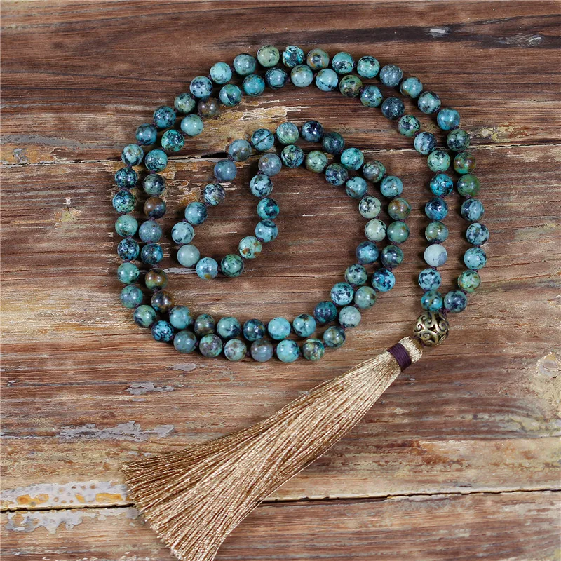 

108 Beads Necklace Natural Stone Mala Necklace with Tassel Bohemia String Knotted Long Necklace Religious Jewelry Dropshipping