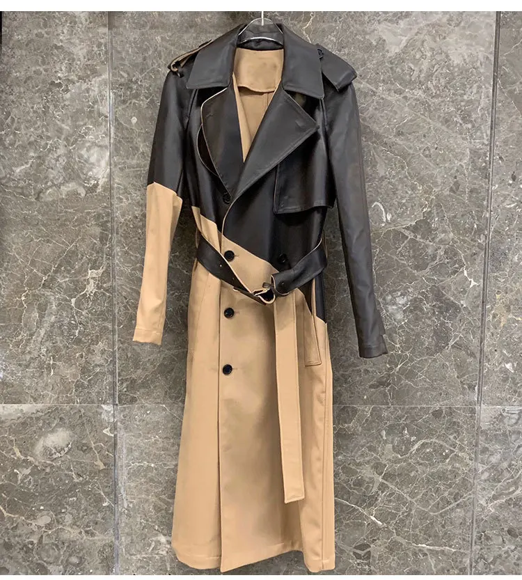 Couro genuíno blusão moda temperamento pele de carneiro britânico real couro feminino longa seção colorblock com cinto trench coat