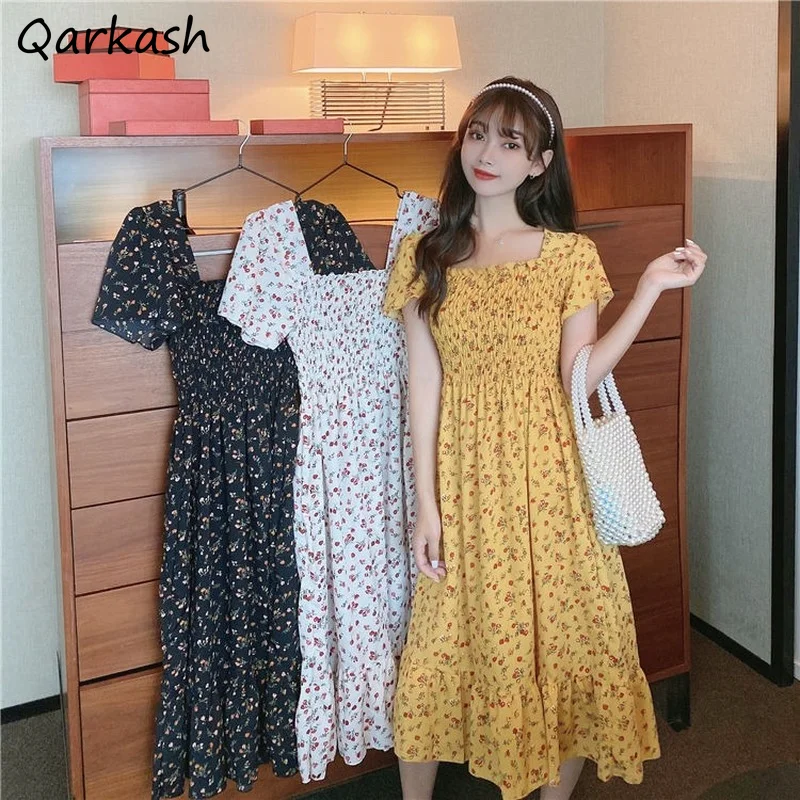 

Dress Women Chiffon Midi Short Sleeve Ins Vintage Folds Square Collar Prairie Chic Summer Ulzzang Print Vestidos High Waist 2021