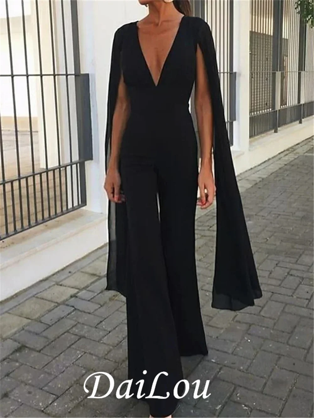 Jumpsuits Minimalist Elegant Wedding Guest Formal Evening Dress V Neck Long Sleeve Floor Length Chiffon with Sleek 2021