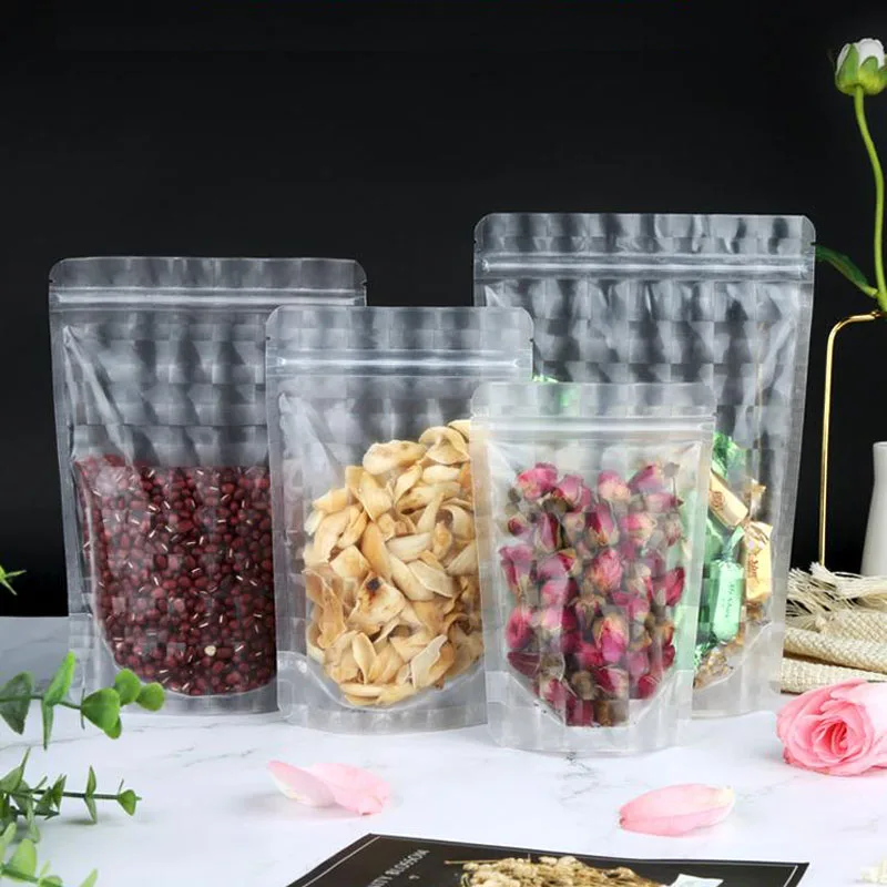 100Pcs Frosted Clear Squares Surface Plastic Party Packing Bags Stand Up Pouch Doy Pack Resealable Food Storage Packaging Matte