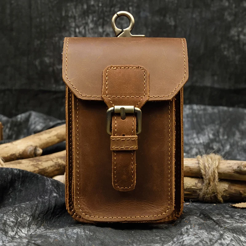 Men's Crazy horse leather belt bag waist bag double layer waist pack for phone genuine leather phone bag buckle cigarette case