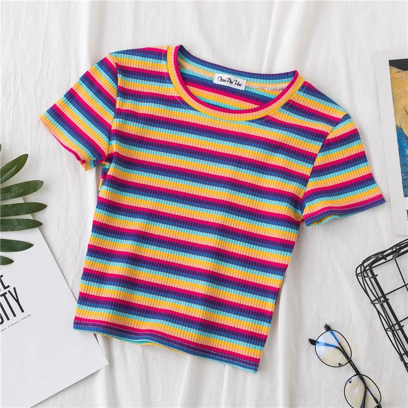 New T Shirt Women Rainbow Striped Tops Slim Fit t shirt Harajuku Tshirt Summer Short Sleeve Korean T-shirt feminina Clothes Tops