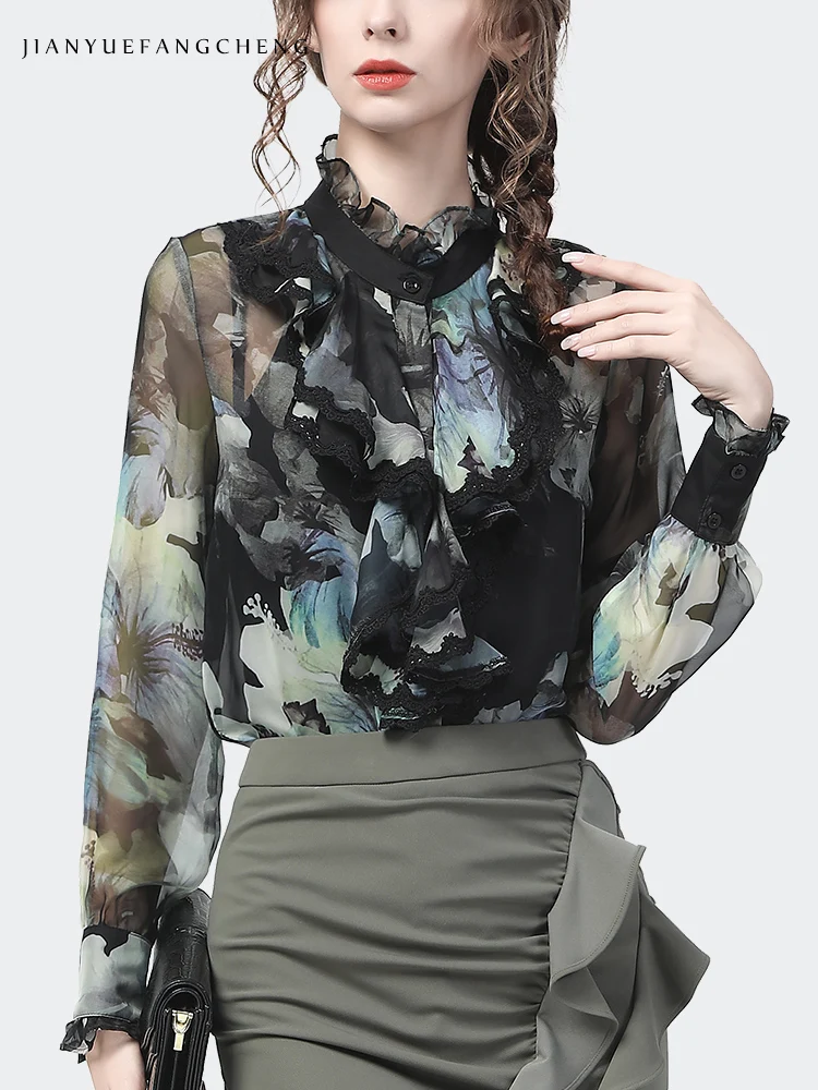 Fashion Cascading Ruffles Chiffon Floral Blouse Women Spring Summer Long Sleeve Ruffled Collar Tops Loose Casual Female  Shirts