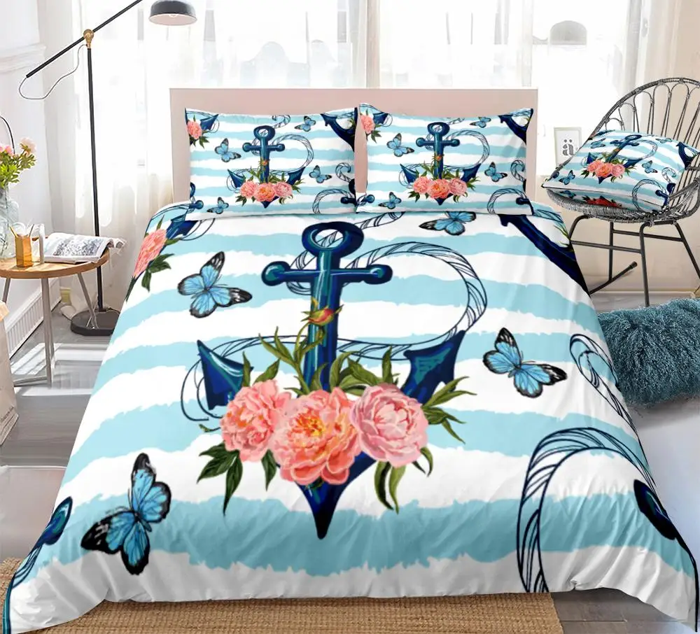 Blue Anchor Duvet Cover Set Butterflies Palm Leaves Bedding Flowers Stripes Quilt Cover Queen Bed Set Red Floral 3pcs Dropship