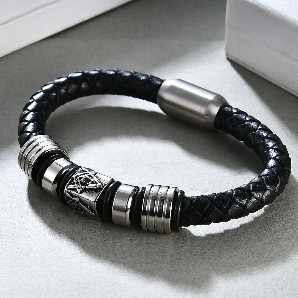 Men Jewelry Stainless Steel Black Leather Masonic Freemason Bracelet Braided Magnet Bangle
