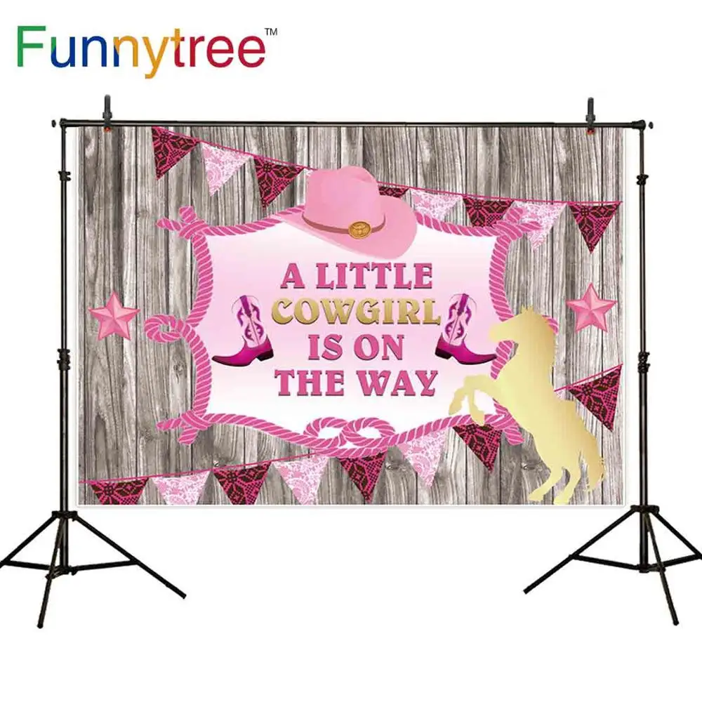 Funnytree Cowgirl Baby Shower Backdrop Pink Birthday Party Wooden Frame Flag Gold Horse Princess Rustic Photography Background