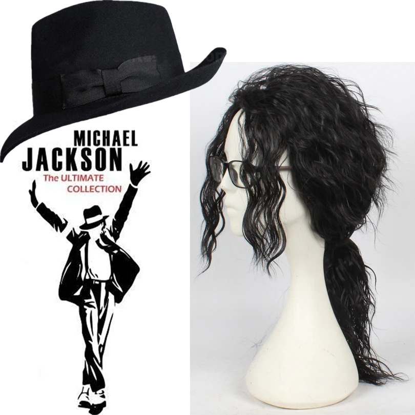 HOT! Michael Jackson Black curly wig Australian Wool 1:1 Michael Jackson Concert Dance Fedoras Classic Black Wide Brim Jazz Hats