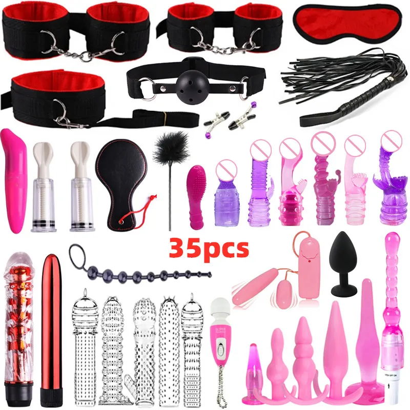 35Pcs BDSM Bondage Restraint Sex Handcuff Dildo Vibrator Masturbation Couple Anal Plug  Erotic Sex Product Adult Sex Toy Kit