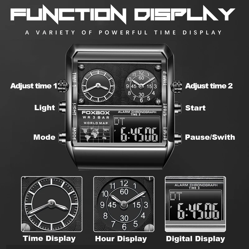 FOXBOX Luxury Brand Mens Watches Sport Digital Wristwatch Waterproof Digital Square Clock Men Watch for Man Relogio Masculino