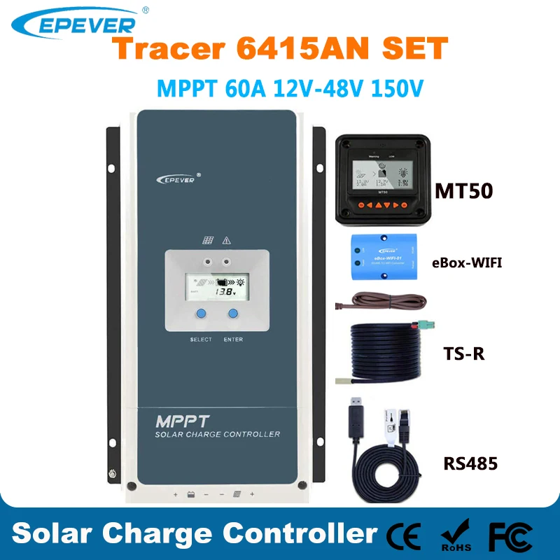 EPever Tracer MPPT Solar Charger Controller 60A 12V 24V 36V 48V Auto Backlight LCD Solar Regulator for Max 150V PV Input 6415AN