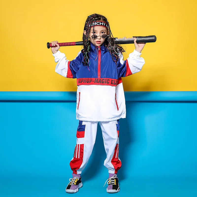 Kid Blue White Jacket Jogger Pants Hip Hop Clothing Clothes Jazz Dance Costume for Girls Boys Ballroom Dancing Streetwear