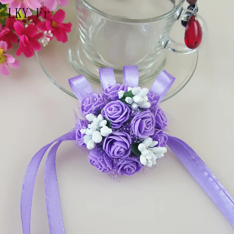 LKY Fr-Espuma Rosas Boutonniere para Casamento, Pulseira dama de honra, Pulseira Nupcial, Irmã, Menina Pulseiras, Festa Prom Decoração, Pulso Corsage